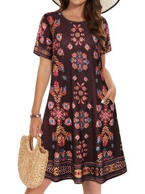 Women's Black Orange Floral Short Sleeve Floral Sundress Beach Cover Mini Dress